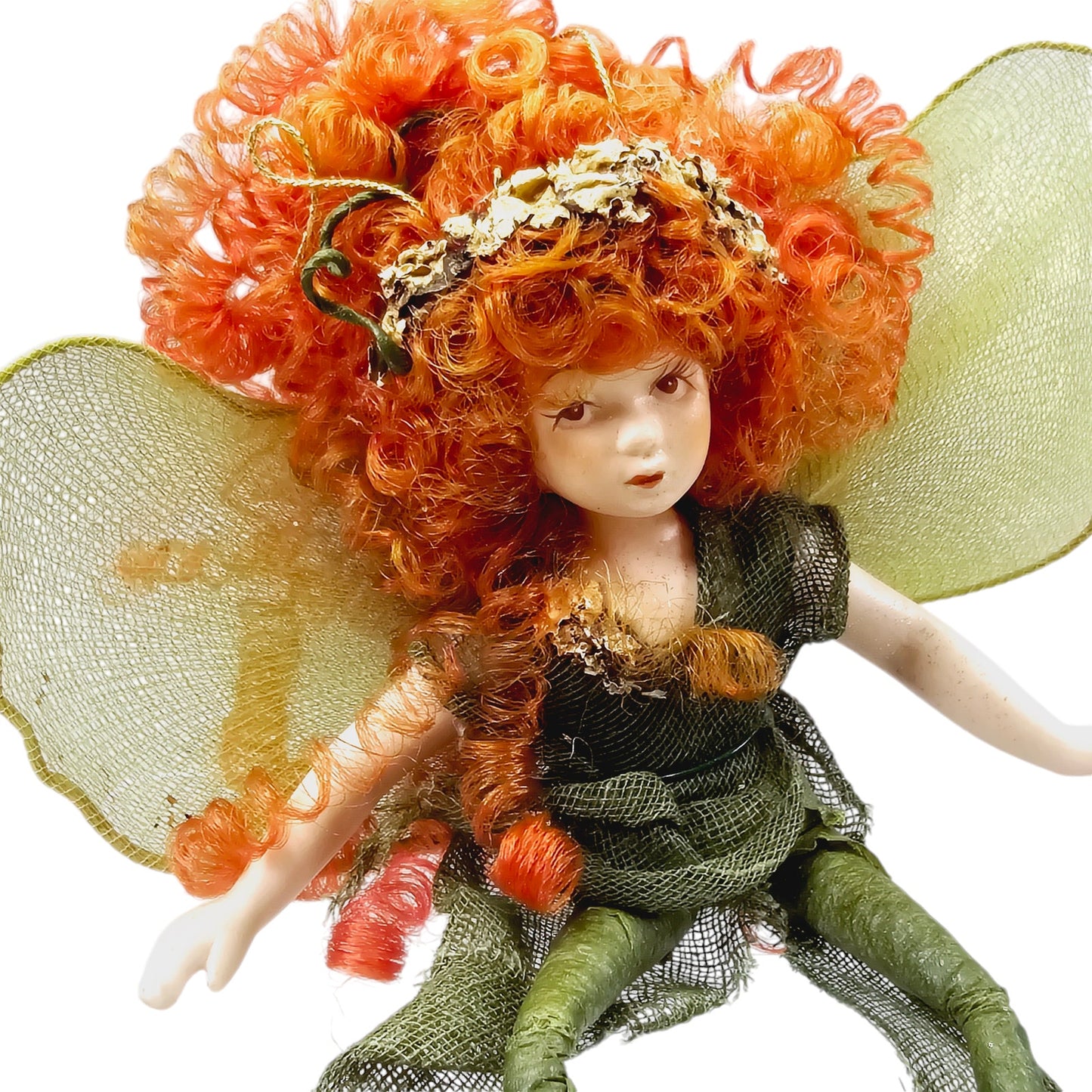 Vintage Porcelain Fairy Shelf Sitter, Green Fairy with Red Hair, 4" H