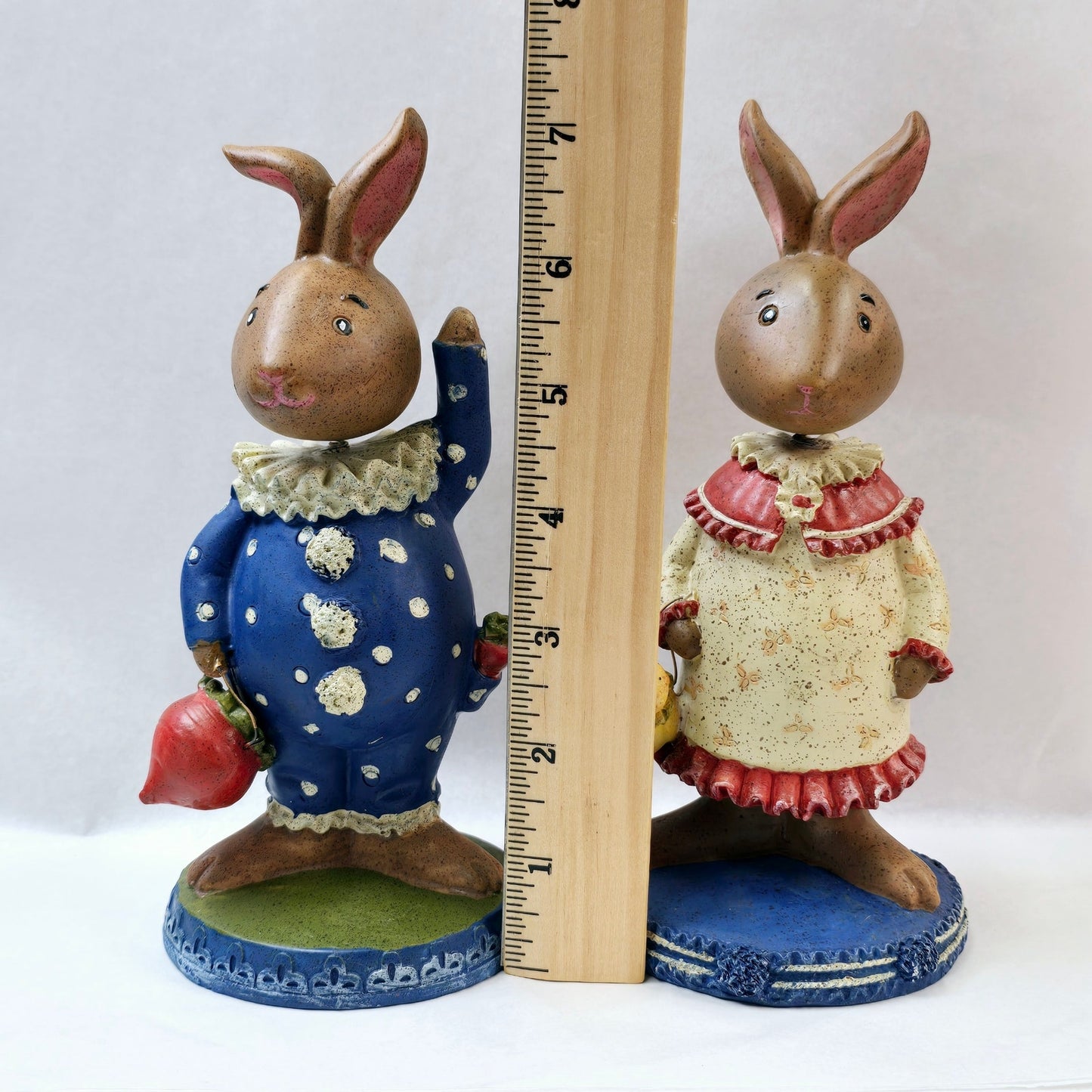 Set of 2 Vintage Bunny Rabbit Bubble Heads, Resin Sweet Dressed up Boy and Girl Bunnies with Baskets, Bobble Head