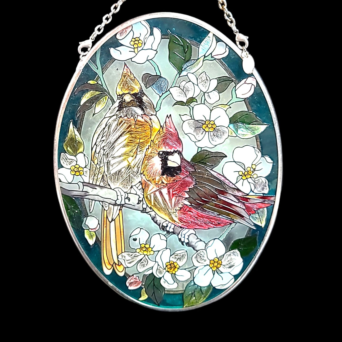 Handpainted Glass SunCatcher with Orchids and Cardinals 7" Oval