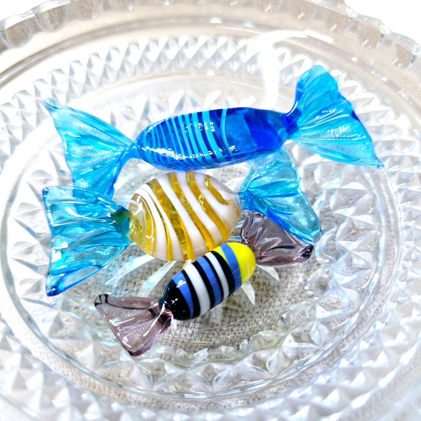 Handblown Art Glass Candies in Vintage Dish, Set of 3 Candies