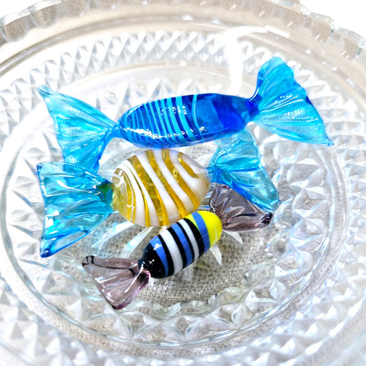 Handblown Art Glass Candies in Vintage Dish, Set of 3 Candies