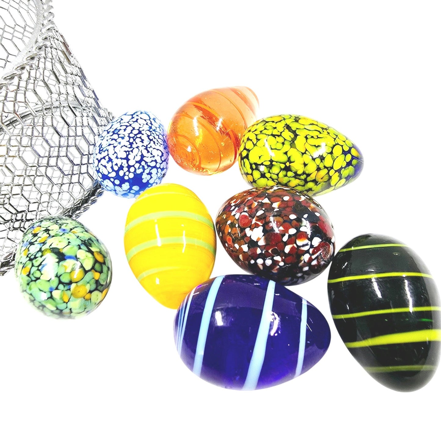 Set of 8 Handblown Small Glass Eggs, Colorful Artisan Glass Eggs in Metal Basket