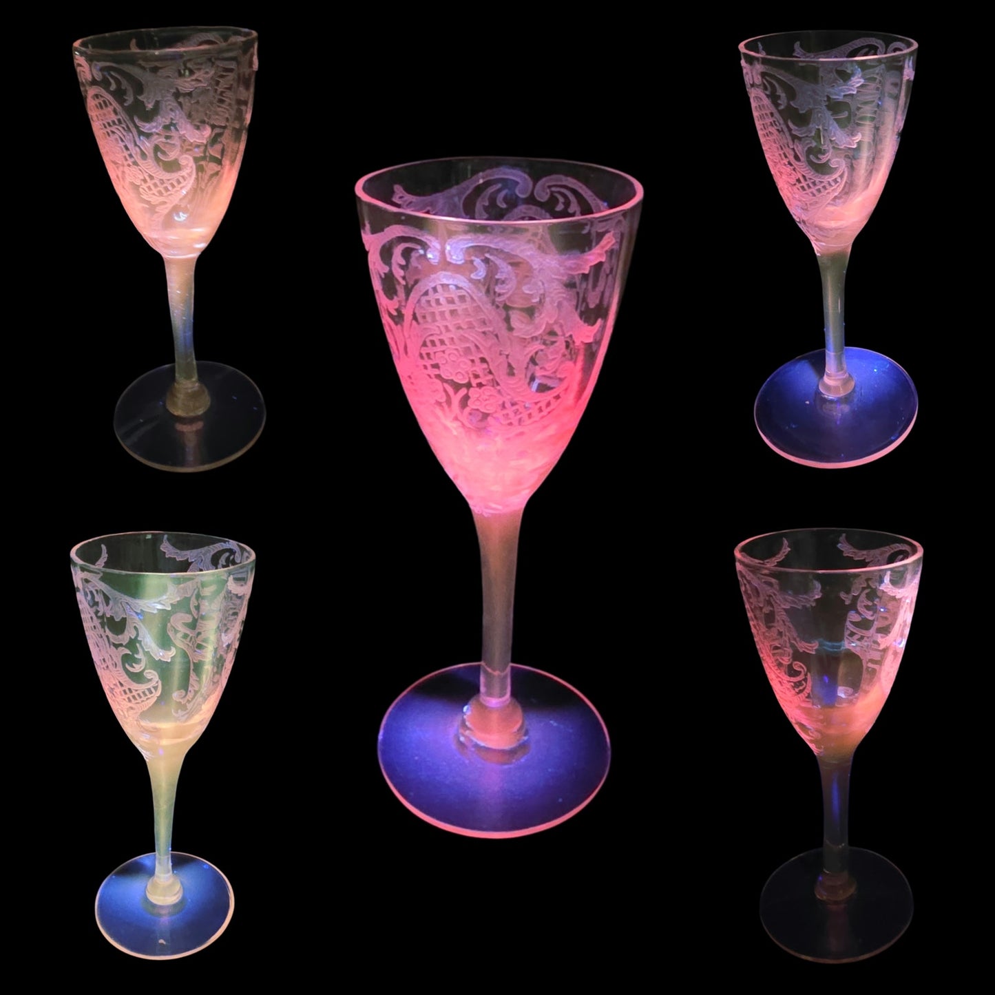 Rare 1929 Cambridge Glass Etched Pink Cordials Etch 740 Stem 3050 Set of 5