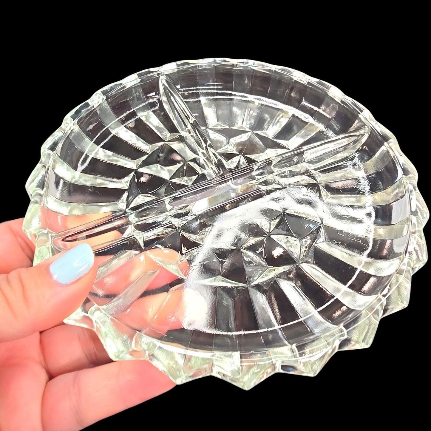 Vintage Pressed Glass Divided Relish Dish Clear Sunburst Pattern AS IS Read