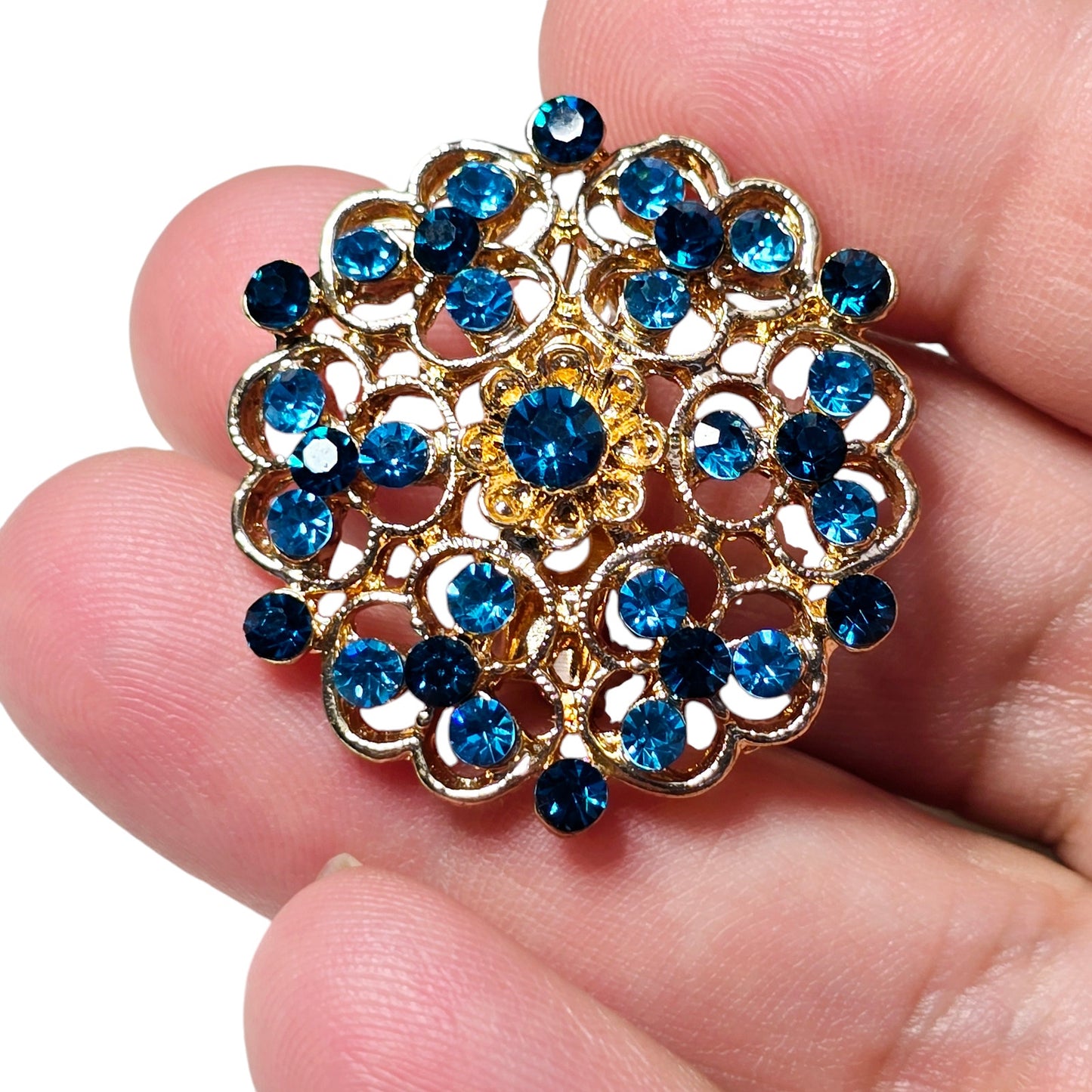 Gold Tone Double Blue Shade Rhinestone Cocktail Brooch