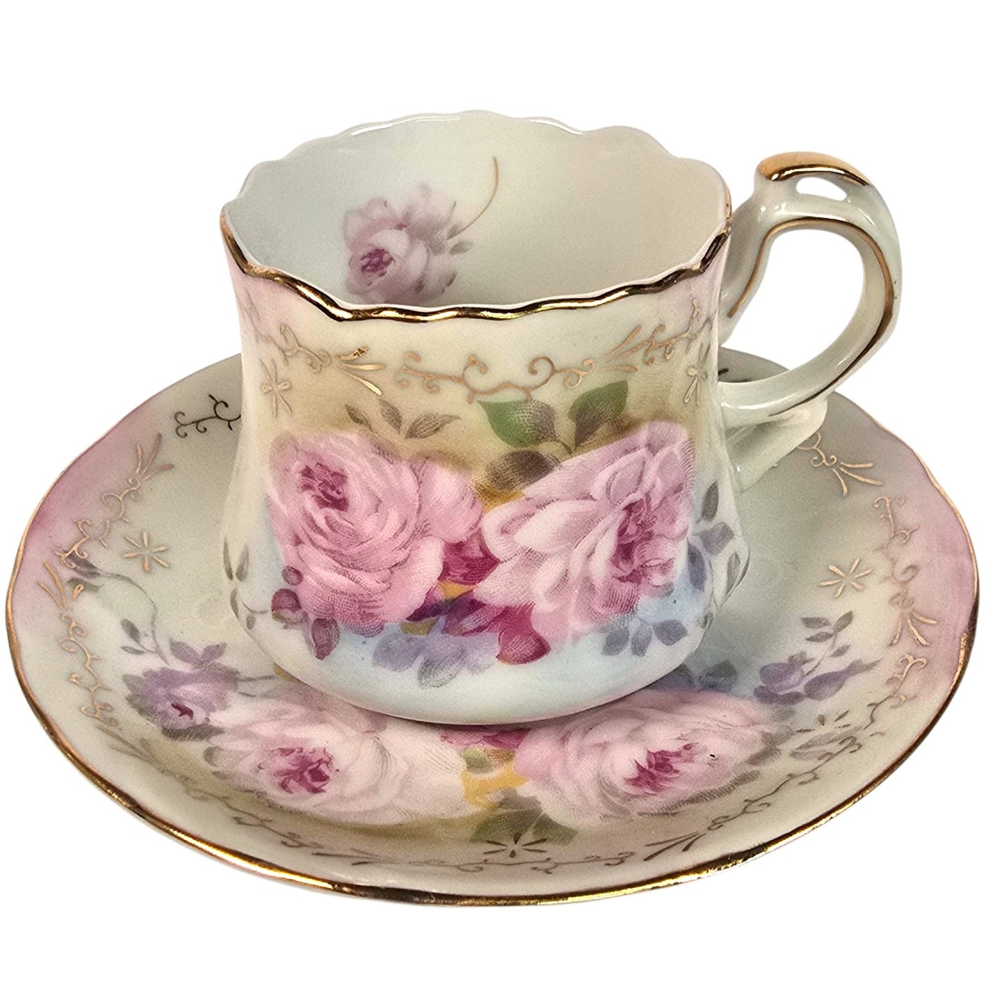 Vintage Japanese Porcelain Demitasse Cup and Saucer Set Floral Gold Trim Rose