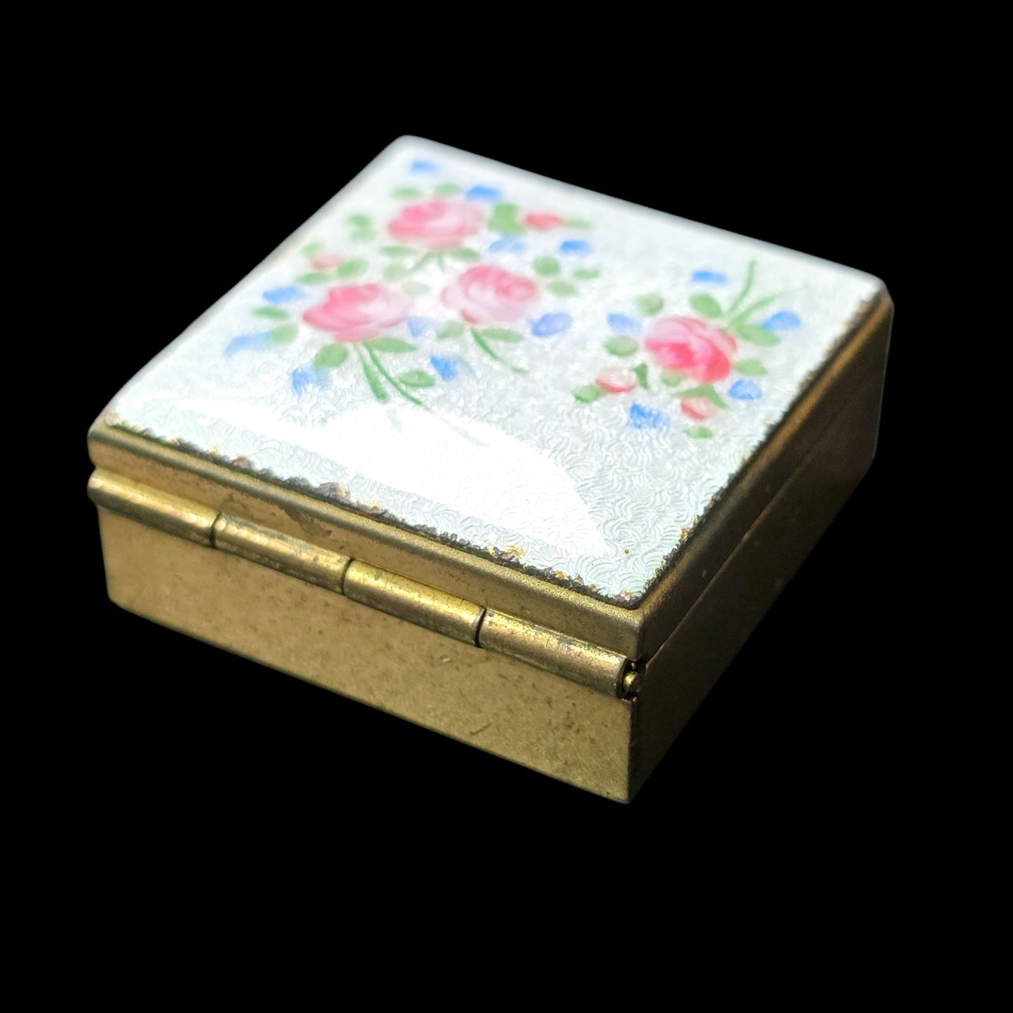 Vintage Pill Box Hand Painted Enamel over Brass with Guilloche Pattern