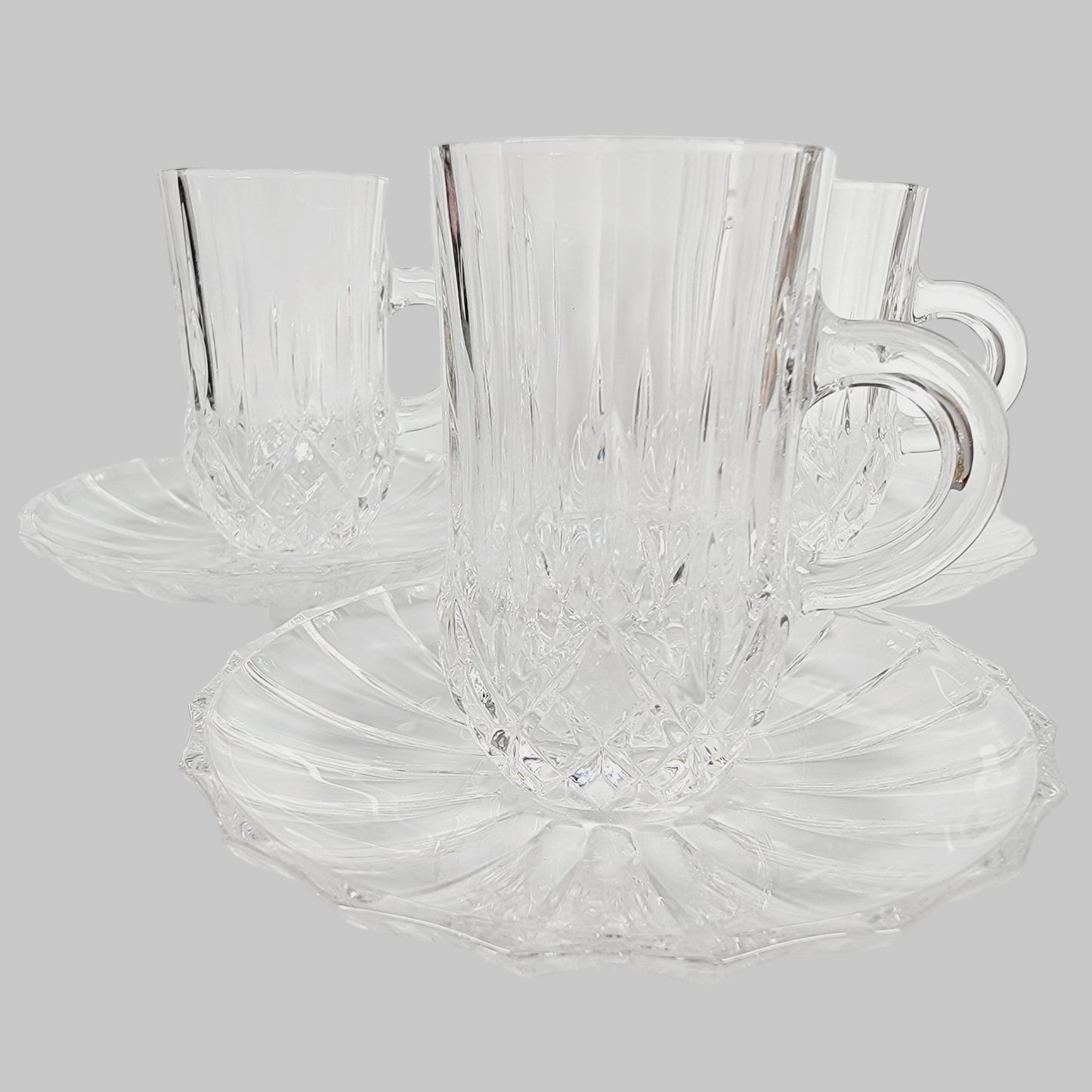 Set of 3 Vintage Crystal Hot Toddy Cups & Saucers, Expresso Cups, Mini Tea Cups