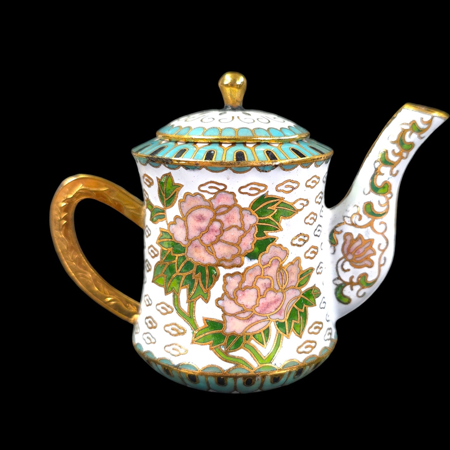 Vintage White Enamel Cloisonne Miniature Teapot with Lid, Pink Rose Floral with Turquoise Enamel, 2.5" H