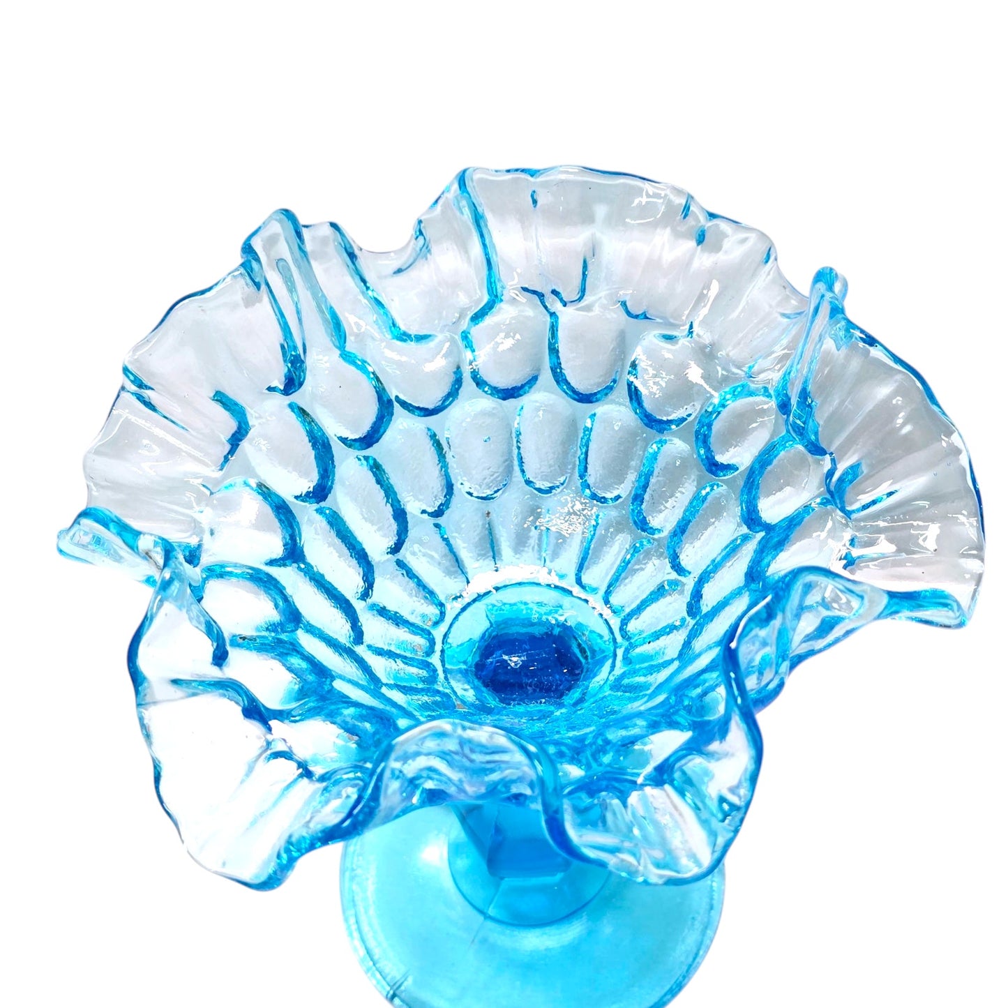 AS IS Fenton Blue Ruffled Pedestal Compote Coin Dot Candy Dish Glows Manganese