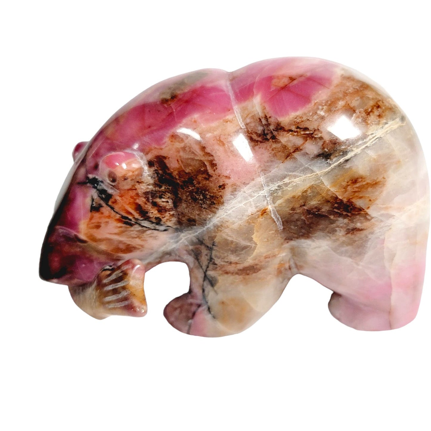 Hand Carved Stone Rhodonite Bear with Fish