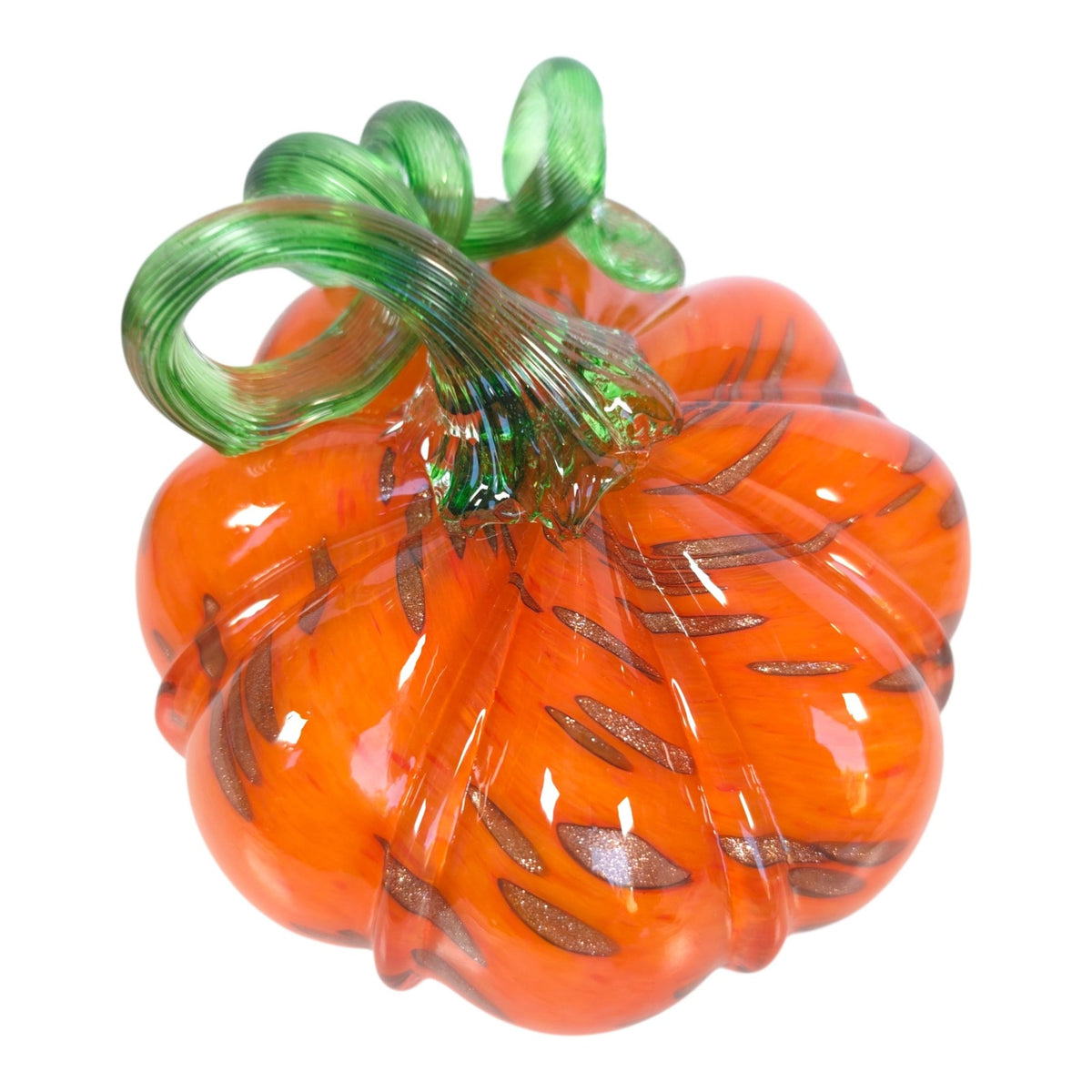 Hand Blown Orange Art Glass Pumpkin Green Curled Vine Stem Metallic Accents