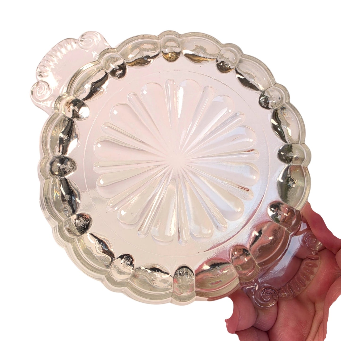 Vintage Clear Pressed Glass Flower Frog Bowl 16-Hole Handle Vase Set