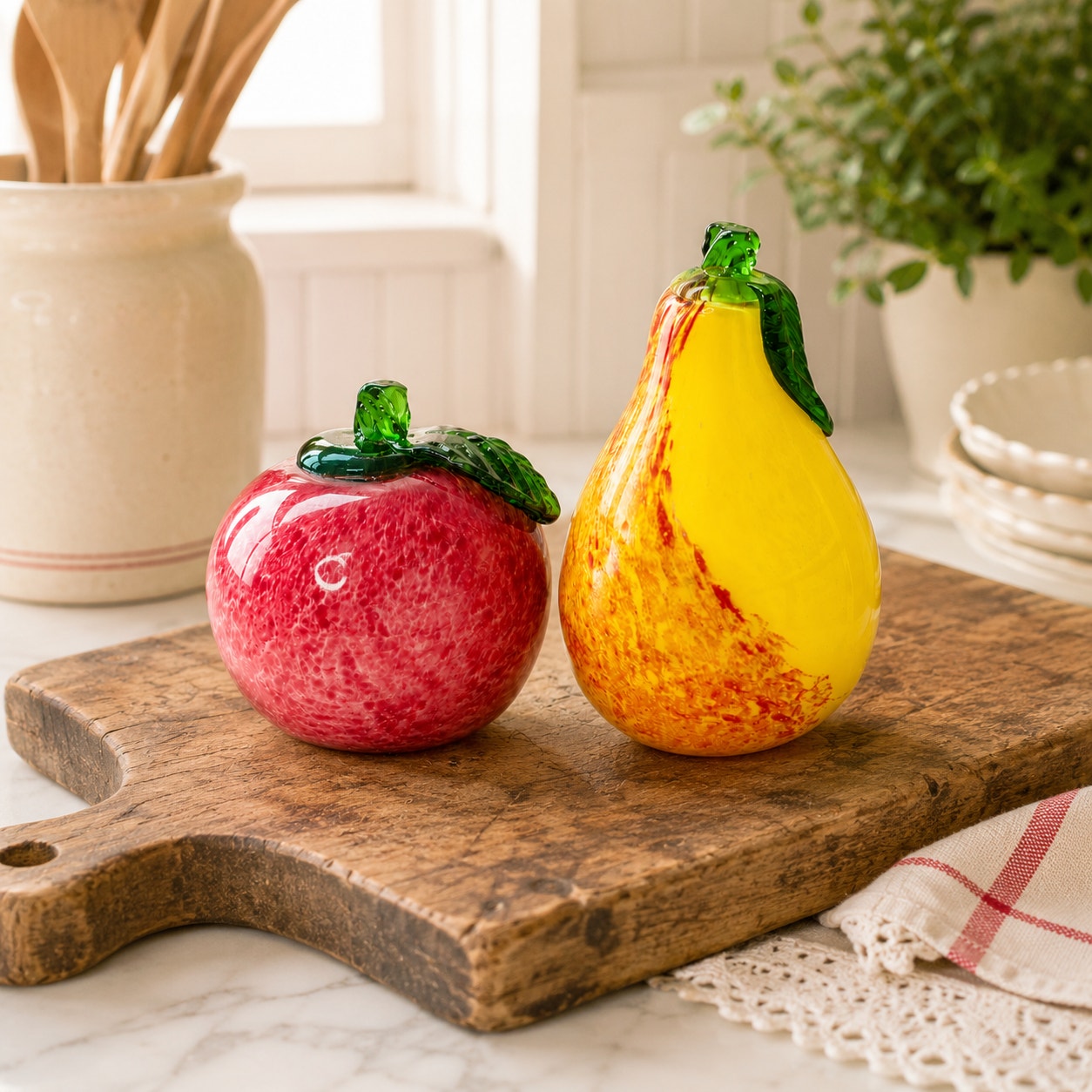 Vtg Italian Art Glass Fruit Apple Pear Figurines Hand Blown Murano Style Italy