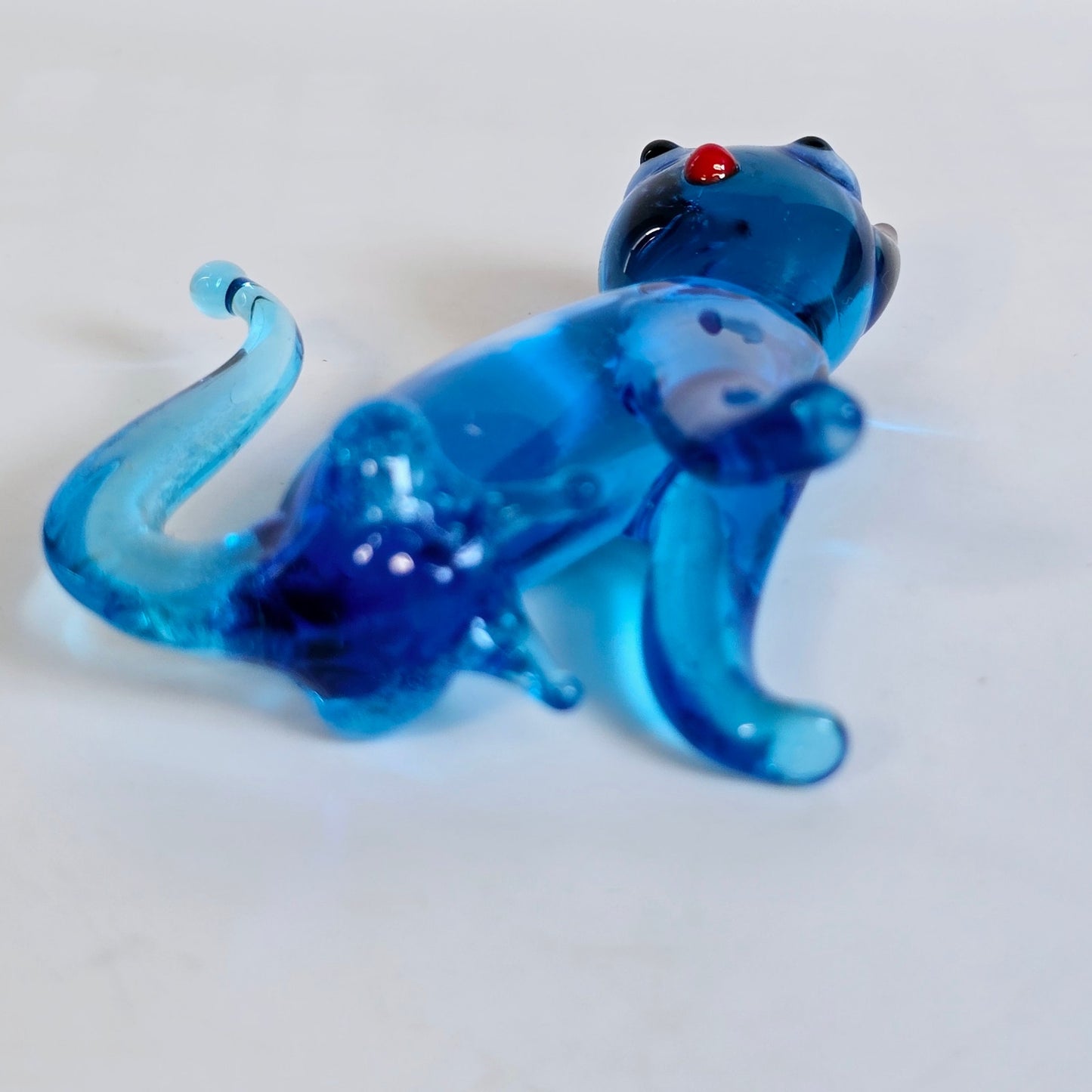 Handblown Blue Art Glass Cat, Sitting, Blue Stretch Glass Cat