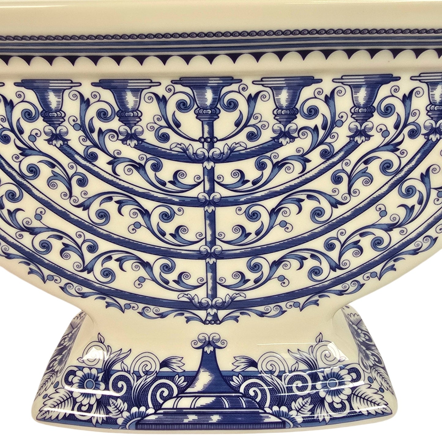 Vintage Spode The Judaica Collection Ceramic Hanukkah Menorah Blue White Scroll