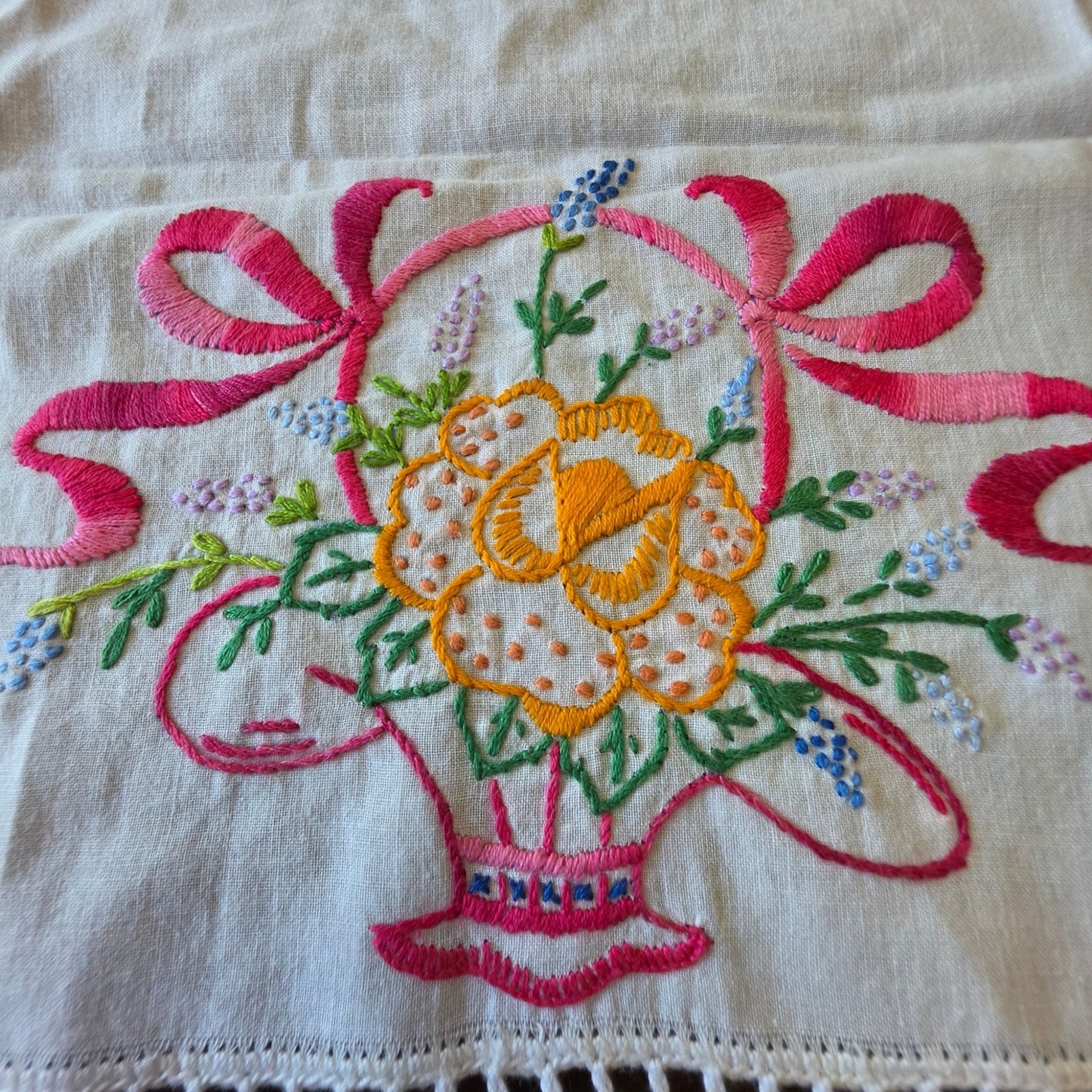 Vintage Floral Basket Embroidered Dresser Scarf Linen Runner Double Sided 32"