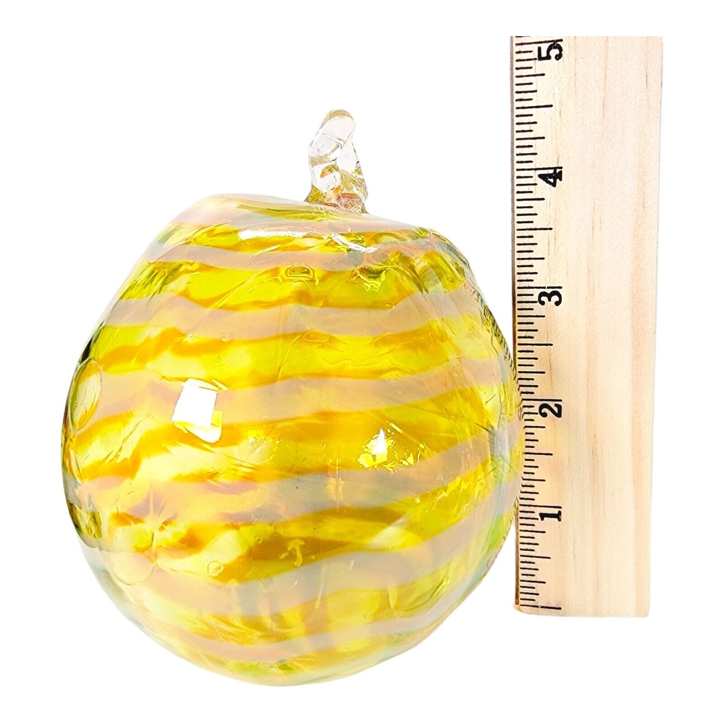 Hand Blown Studio Art Glass Ornament Ball Yellow Swirl 4.5" H