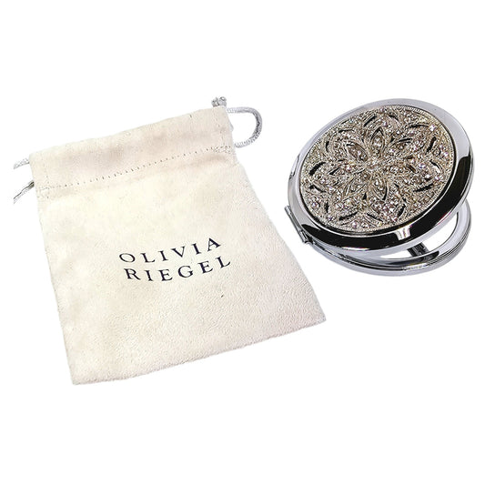 Olivia Riegel Silver Tone Crystal Sinclair Mirrored Compact, New in Bag, 2.75" D