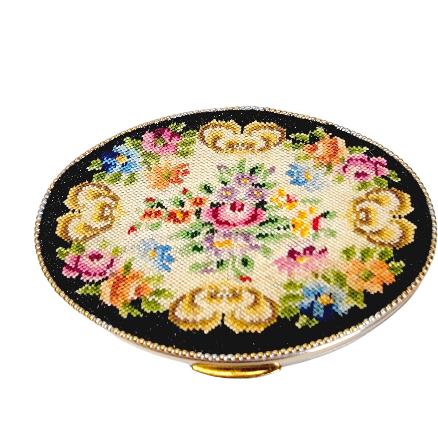 Exquisite Vintage Floral Petite Point Compact with Mirror, Puff and Pressed Powder