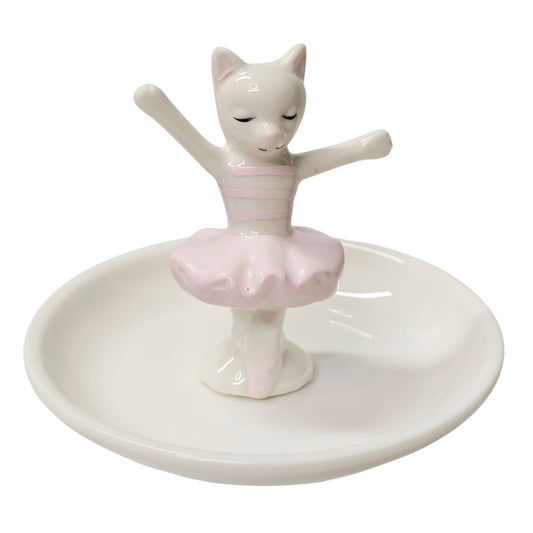 Cat Ring Holder Jewelry Dish Ceramic Ballerina Trinket Vanity Cat Figurine