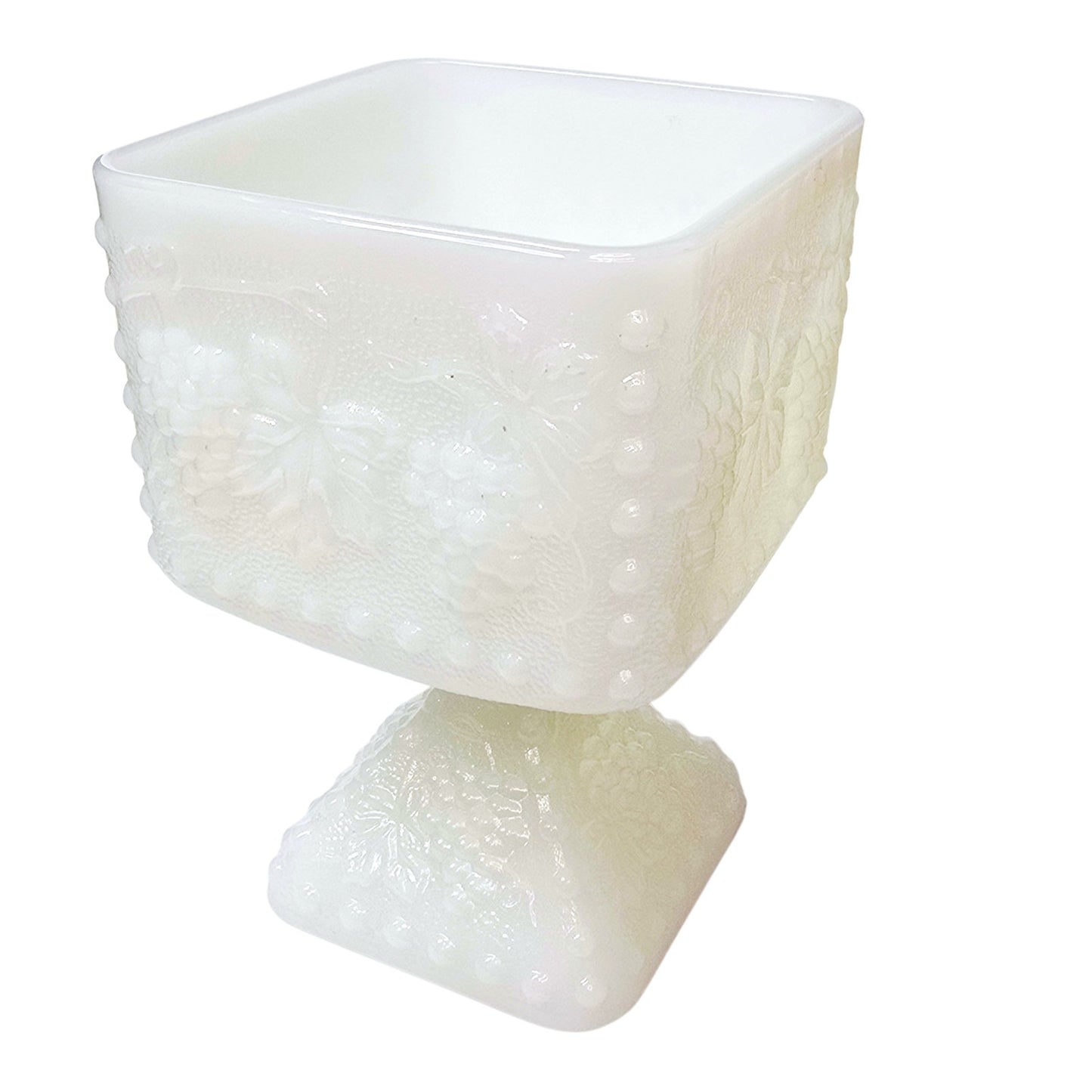 Vtg Anchor Hocking Milk Glass Pedestal Compote Grape Harvest Footed Candy Dish