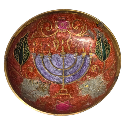 Vintage Brass Menorah Bowl Miniature Enamel Judaica Trinket Dish Israel