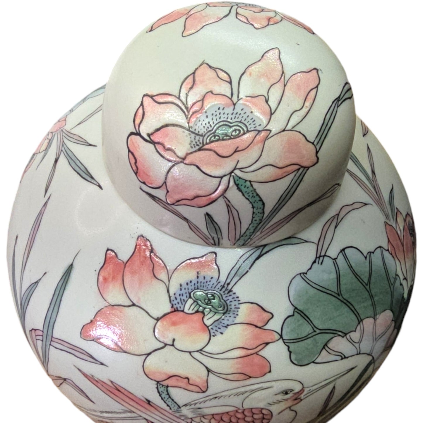 Vintage Asian Porcelain Ginger Jar with Lid, Floral Pattern with Birds in Pastel Mint and Peach