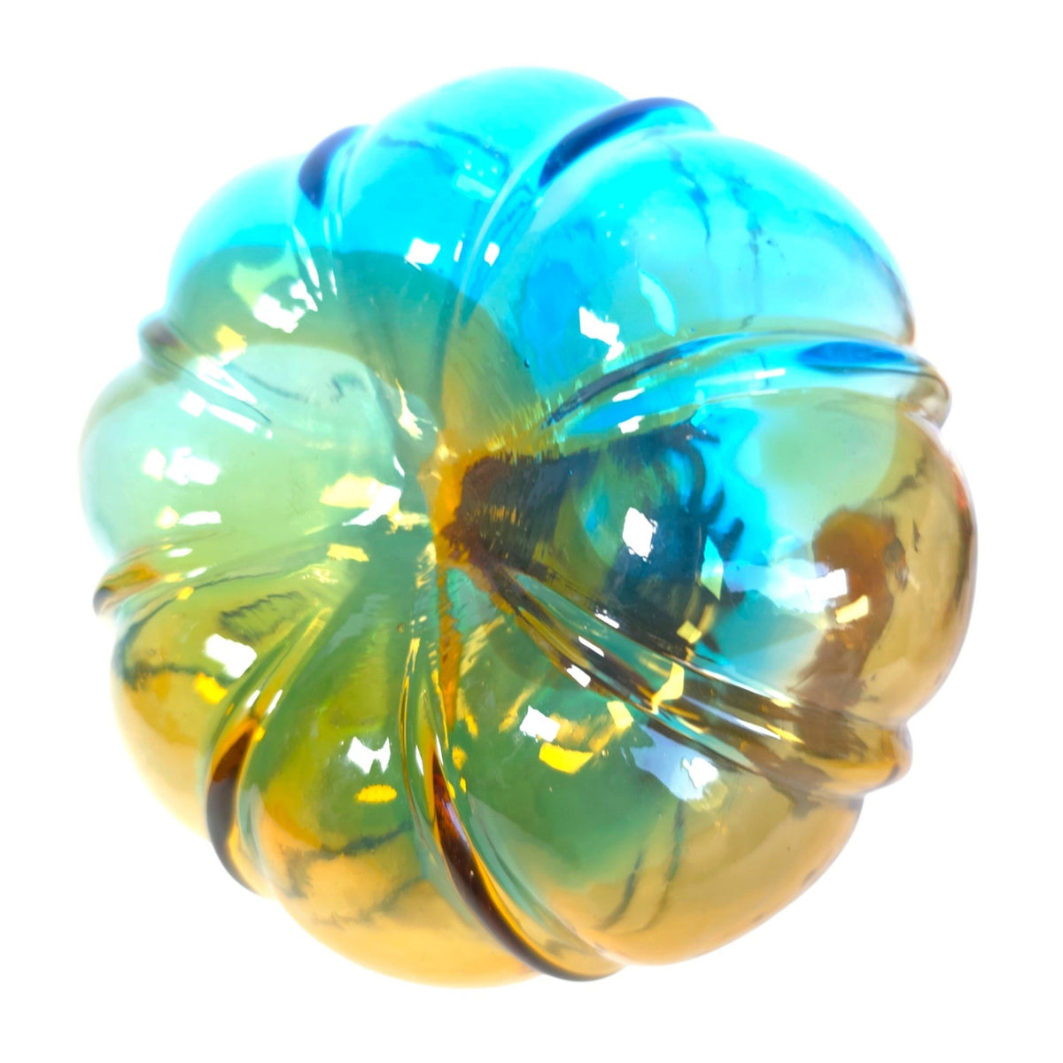 Hand Blown Art Glass Pumpkin Turquoise Blue Amber Brown Curly Stem Fall Decor