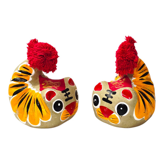 Vintage Chinese Folk Art Clay Tigers Pair Shrimp Body Style Good Luck Fu Wan