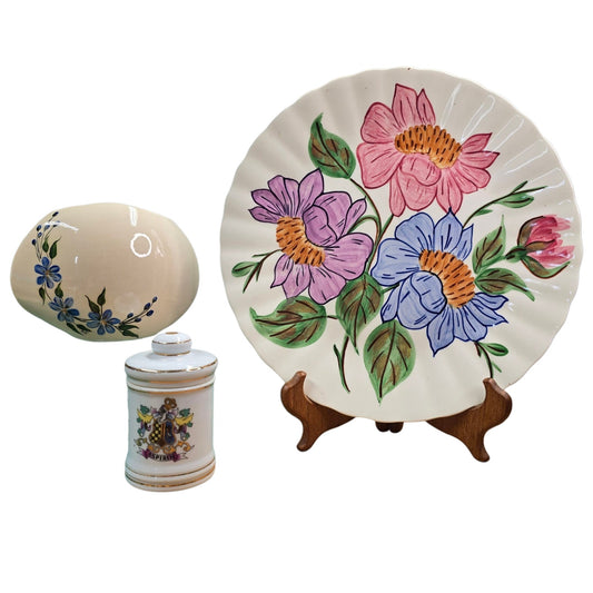 (Reserved for Customer) Private Lot: vintage Aspirin jar, floral vase, Blue Ridge Plate.