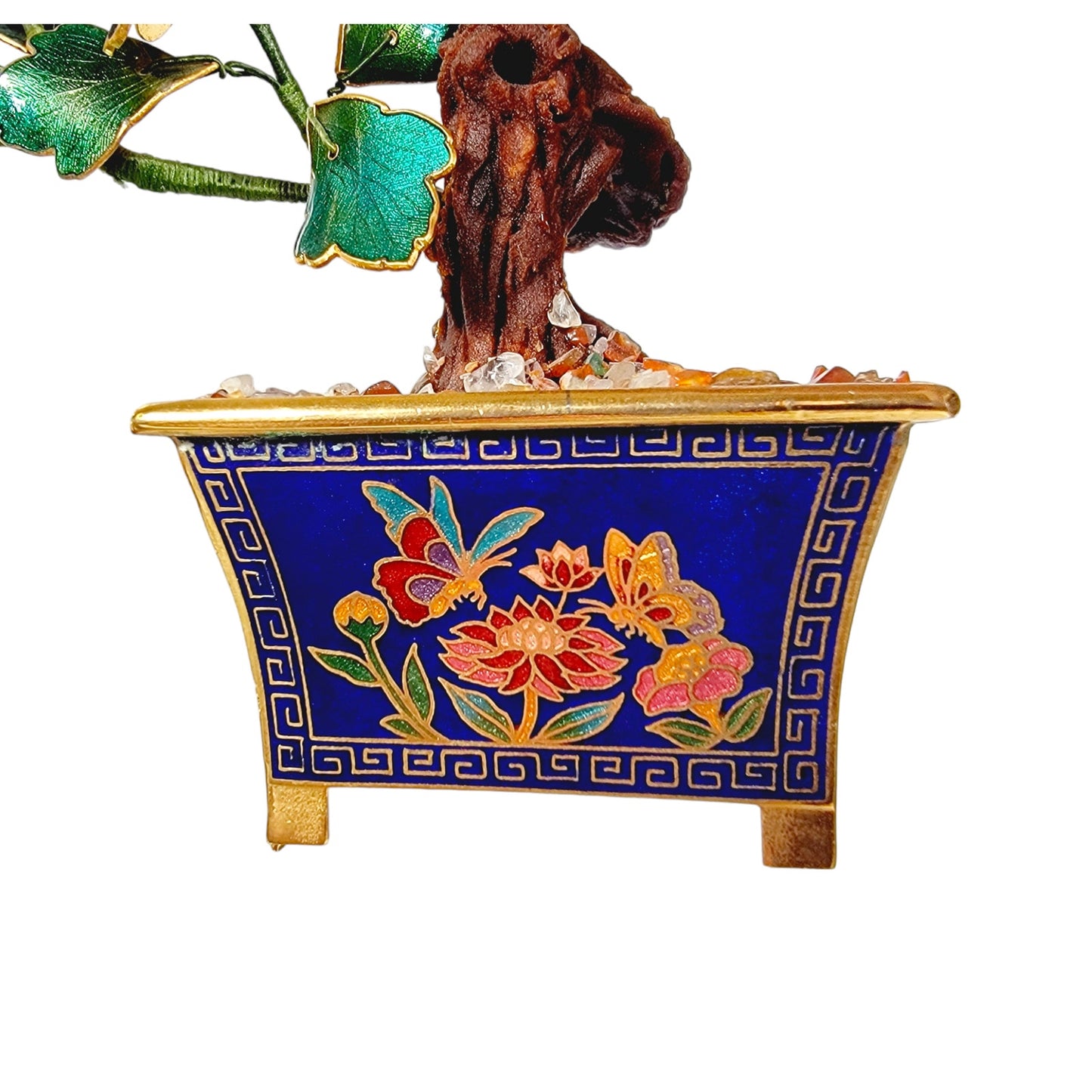 Vintage Chinese Guilloche Enamel Bonsai Tree & Flowers in Cloisonne Pot