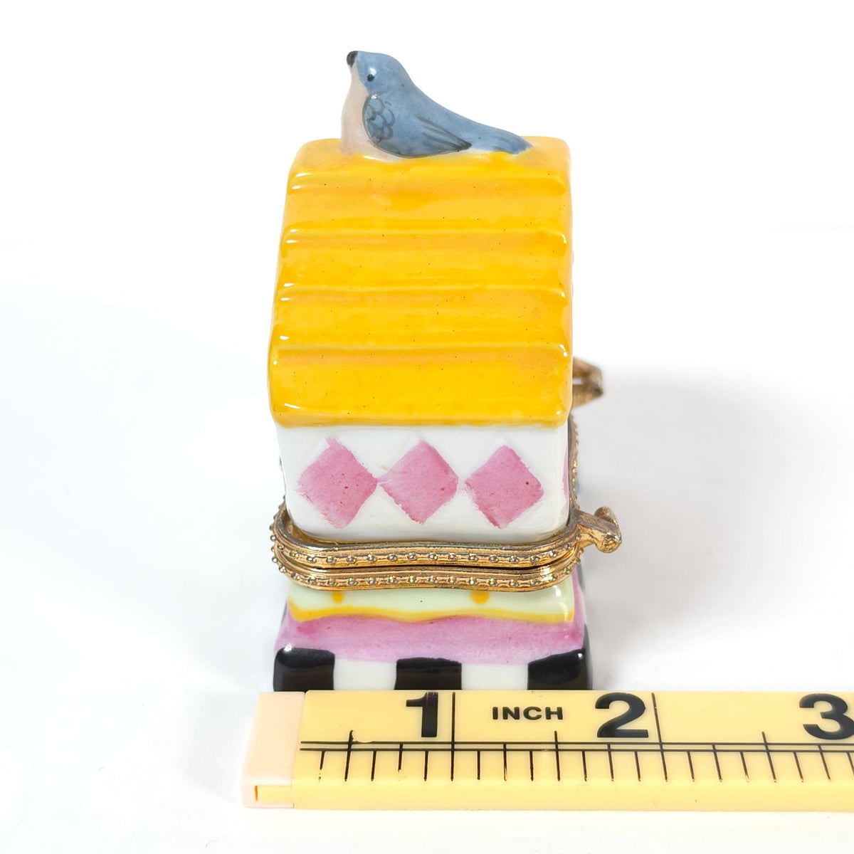 Bluebird Birdhouse Ceramic Hinged Trinket Box Yellow Roof Pink Diamonds