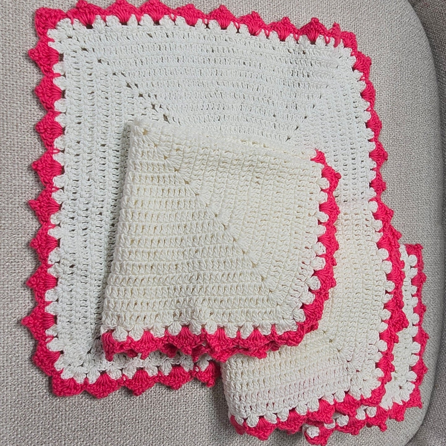 Set of 4 Vintage Handmade Crocheted Doilies with Dark Pink Trim
