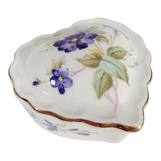 Vintage Porcelain Heart Trinket Box Made in Japan Purple Flowers Small Heart Box