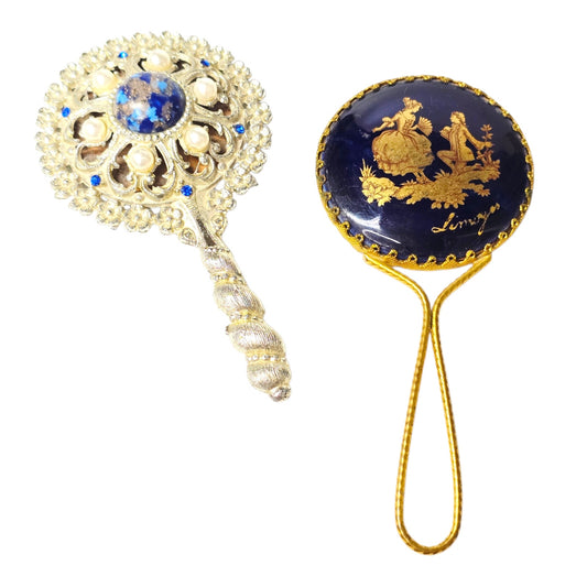 Vintage Ornate Hand Mirrors Set of 2 - Gold Tone Courting Couple & Silver Tone Filigree - Small Purse Mirrors