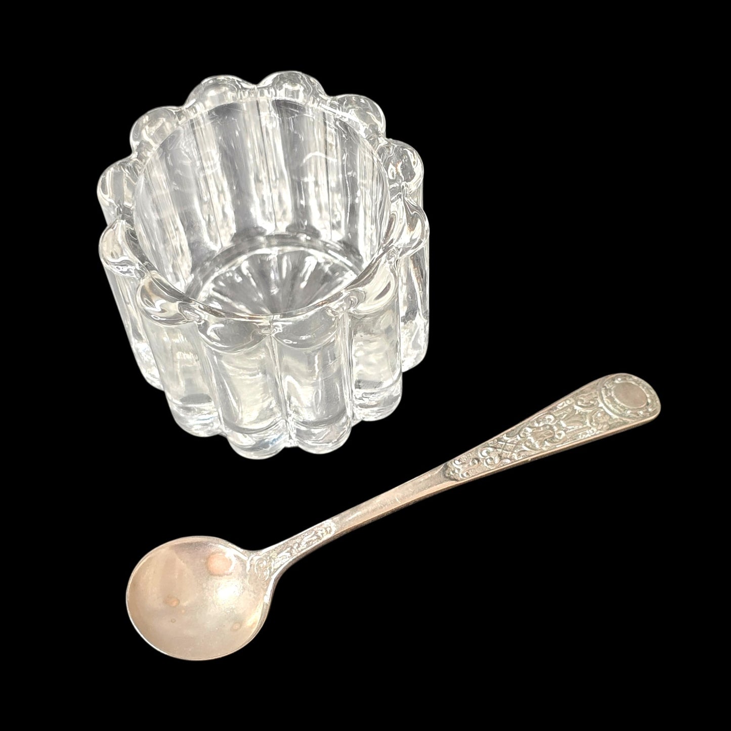 Vintage Heisey Crystolite Mustart Pot Glass Open Salt Sugar Ornate Floral Spoon