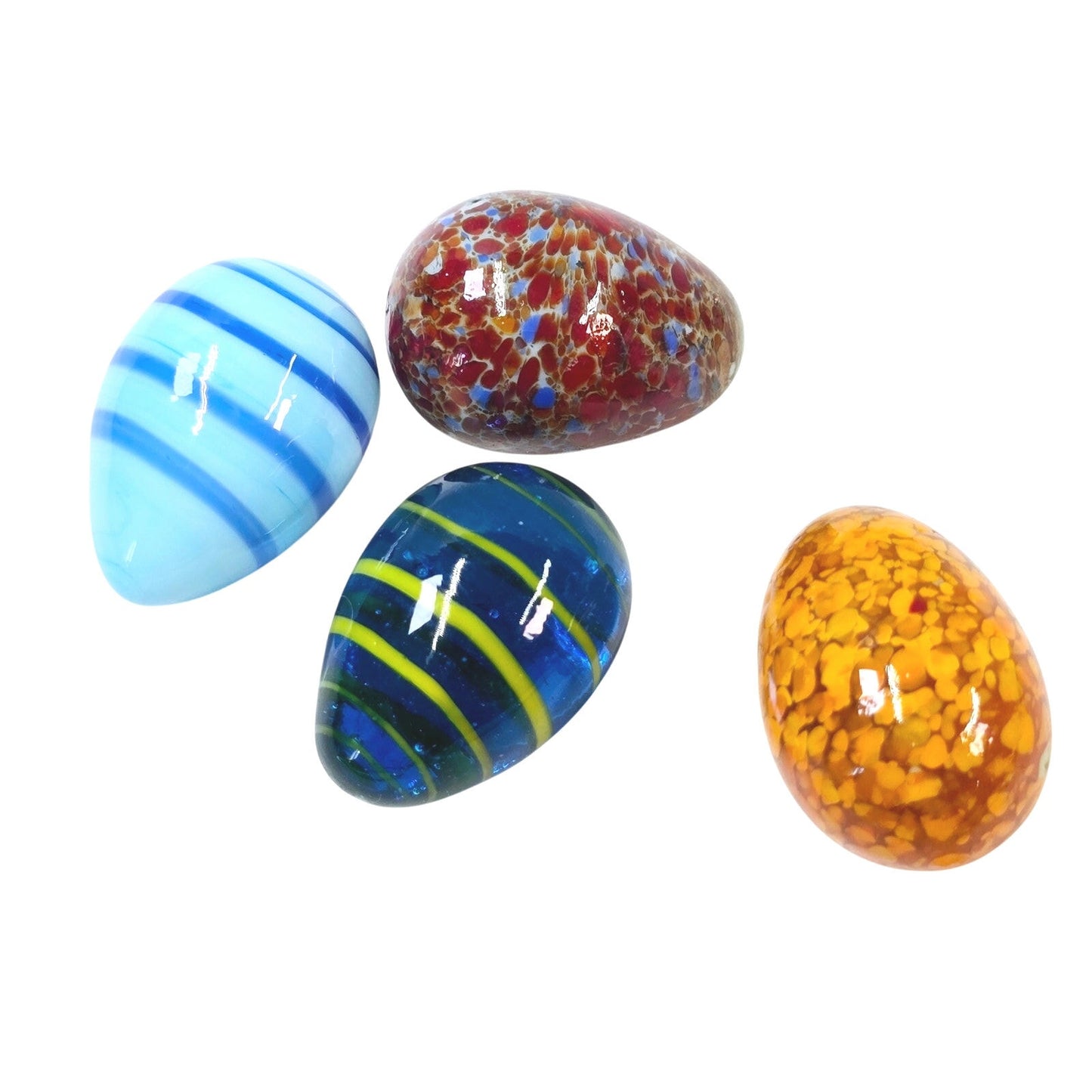 Set of 4 Handblown Small Glass Eggs, Colorful Artisan Glass Eggs in Mini Glass Basket