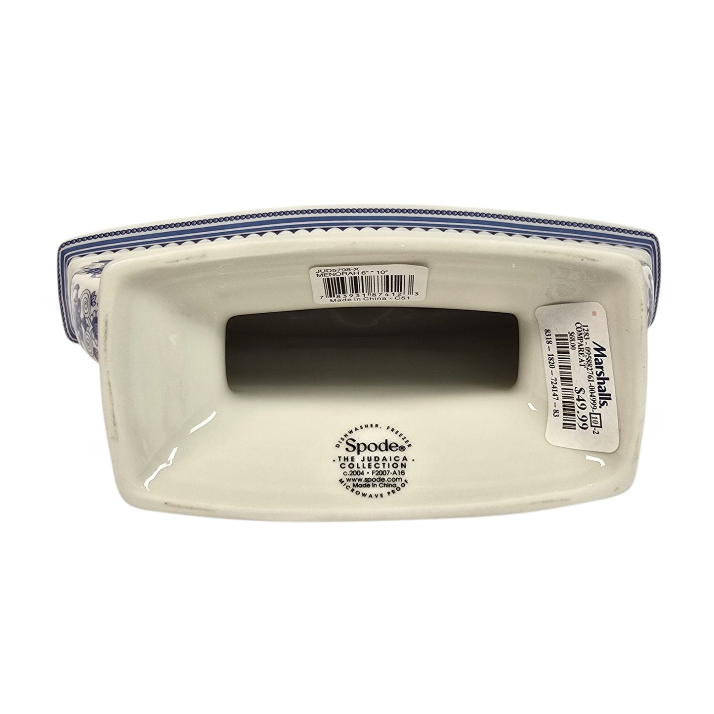Vintage Spode The Judaica Collection Ceramic Hanukkah Menorah Blue White Scroll