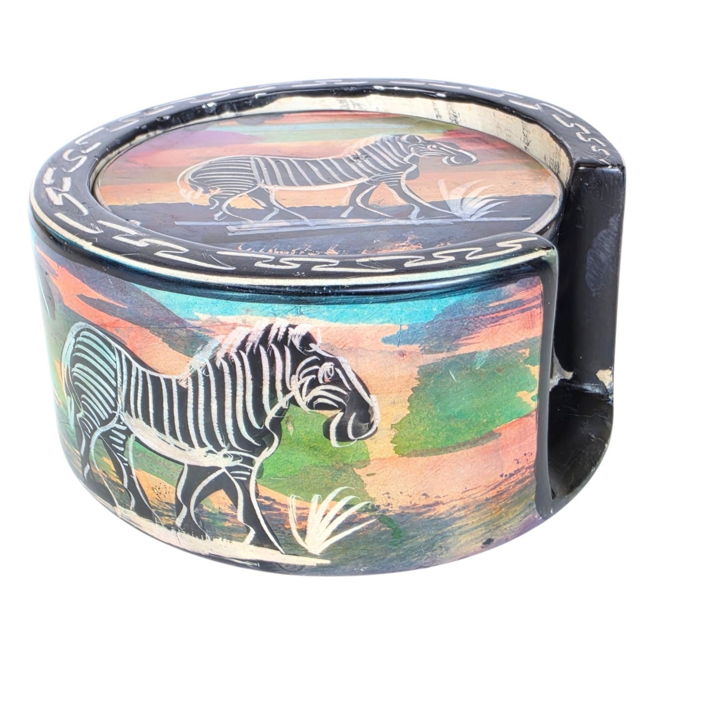Vintage Serengeti Sunset Soapstone Coasters African Wildlife Holder Set