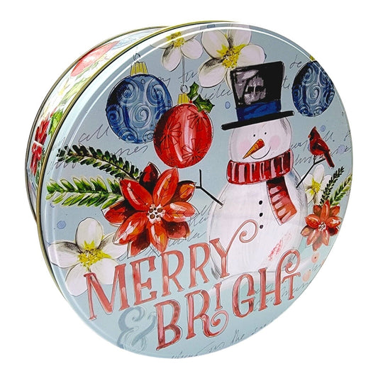 Merry Bright Round Snowman Tin - 6 1/2 " Diameter 2 3/4" High