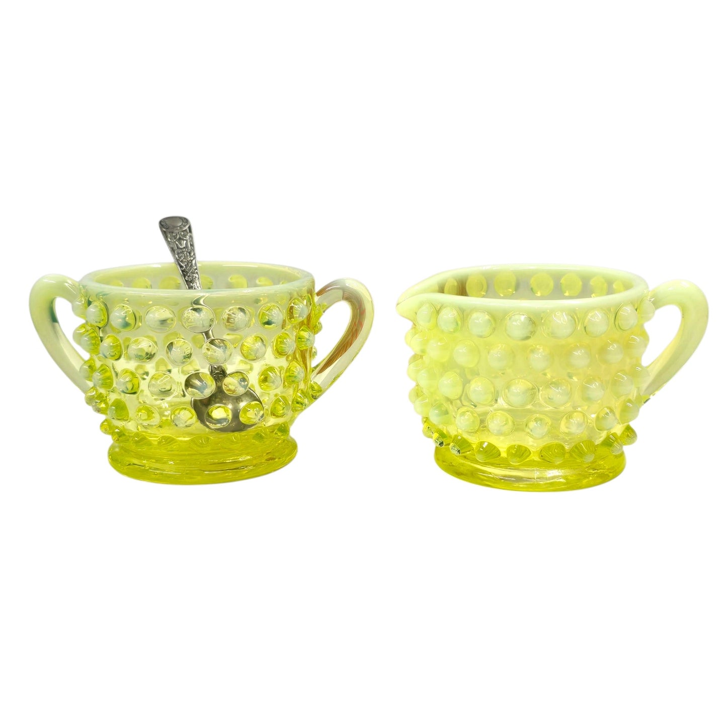 (Reserved for Customer) Fenton Vaseline Opalescent Hobnail Creamer & Sugar Set Uranium Reactive
