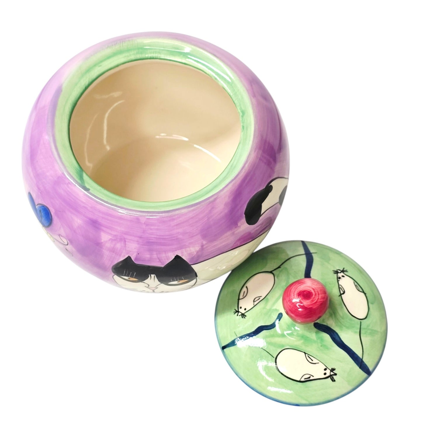 Vintage Kitsch Black Cat and Mouse Ceramic Canister - Purple Floral