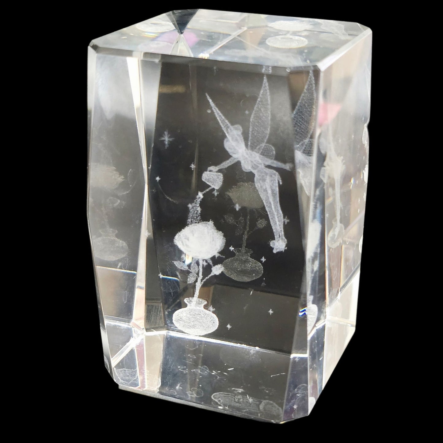 Disney Tinkerbell 3D Crystal Glass Cube Paperweight, Watering Flower Water Can