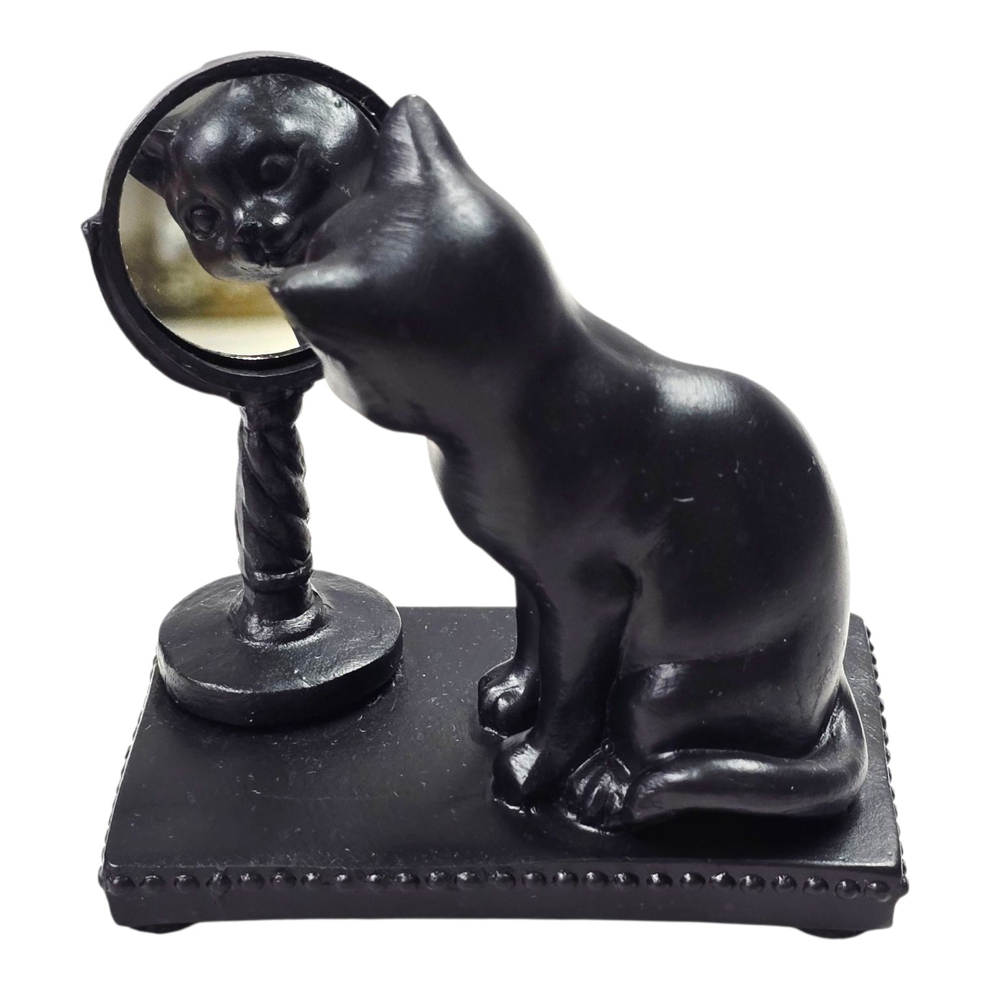 Vtg Black Cat Figurine looking in Vanity Mirror Resin 3.25" Cat Lover Gift Decor