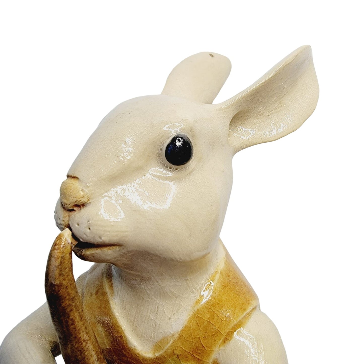 Vtg Signed Asian Rabbit Figurine Playing Long Horn Pottery Seal Mark MCM 8.5"