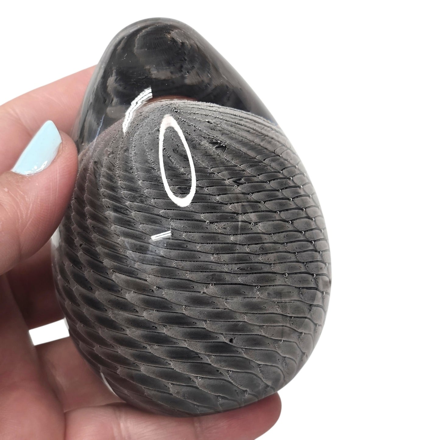 Signed Vtg Marcolin Sweden Art Glass Egg Paperweight Black White Ribbon Swirl 80