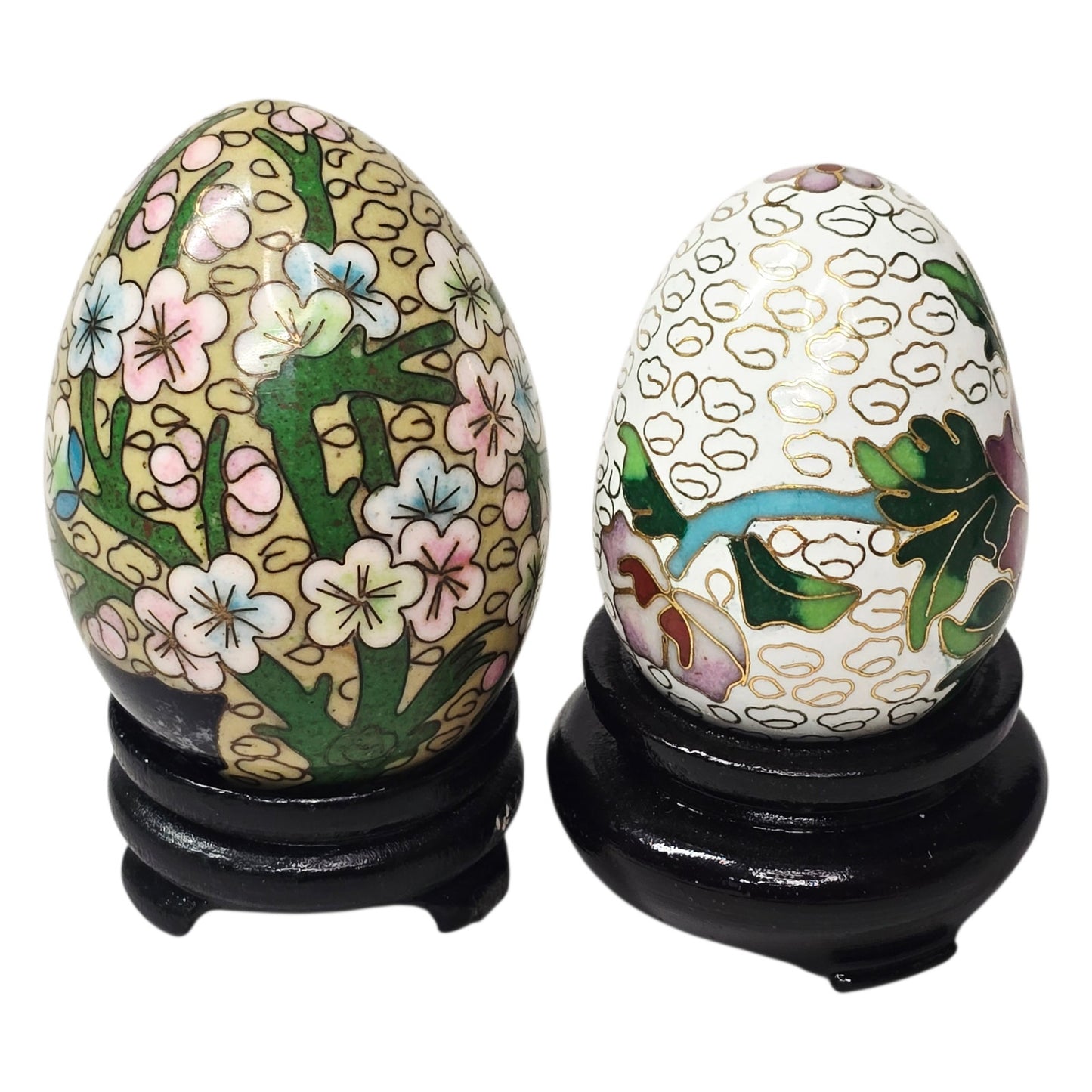 Vtg Chinese Cloisonné Enamel on Brass Eggs on Wooden Stands Set of 2 Floral Bird