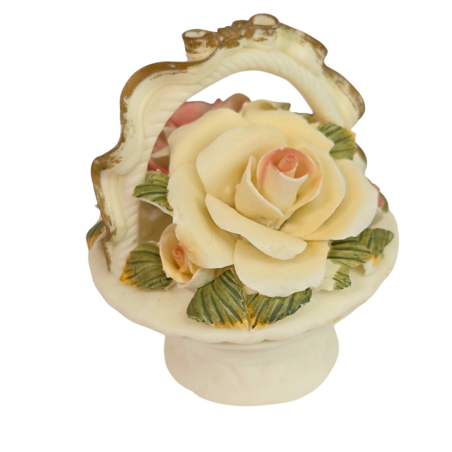 Vintage Porcelain Trinket Box Basket Pink Cream Rose Floral Lid Vanity Decor