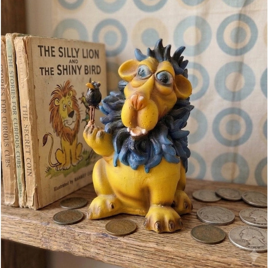 Vintage Lion and Crow Piggy Bank Blue Mane Retro Animal Figurine Coin Bank